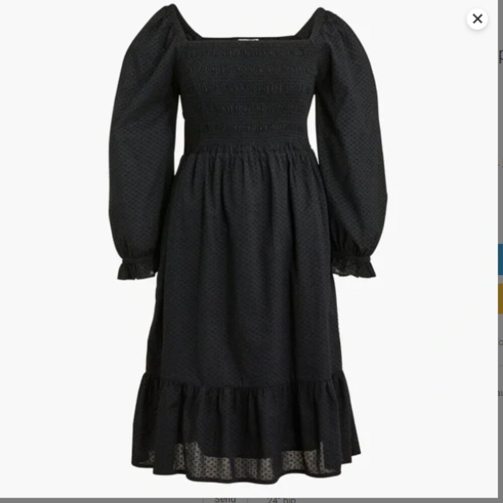 J Crew Black Smocked clip-dot puff-sleeve ruffle dress (1523)